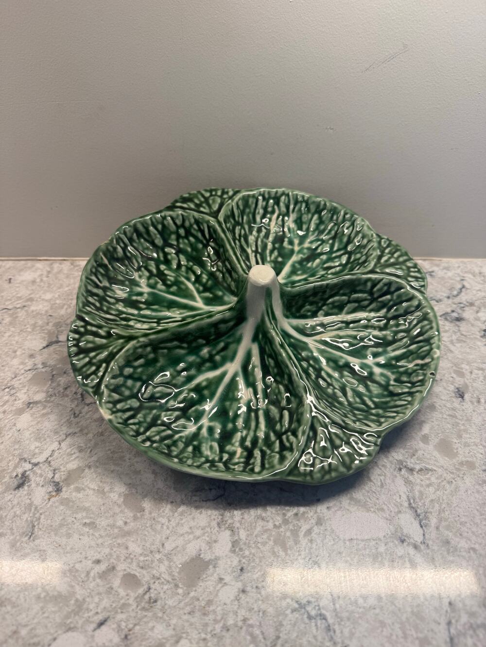Vintage Portugal Majolica Cabbage Leaf Four Part Relish / Server